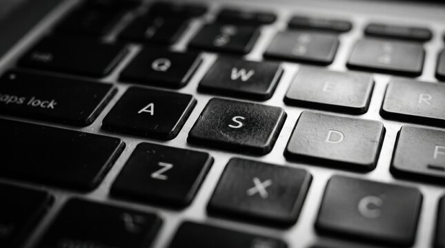 Close-up of a Keyboard: A detailed, high-contrast black and white photograph showcases a laptop keyboard, focusing on the WASD keys, evoking a sense of technology and digital interaction.
