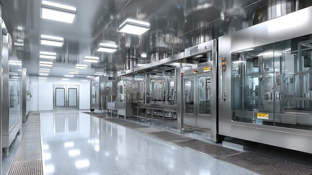 Modern Pharmaceutical Clean Room Facility with Stainless Steel Equipment.