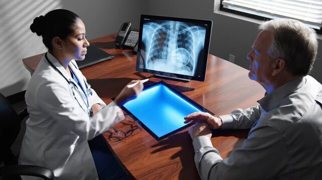 Medical Professional Explaining X-ray Results to Patient in Modern Office Setting