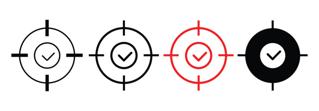 Target crosshair icons with checkmark, goal achievement symbols, 4 vector aim signs