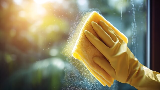 Person wearing yellow rubber gloves cleaning a glass window.