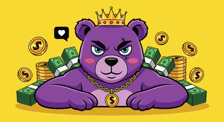 Wealthy Purple Bear with Crown and Gold Chain Surrounded by Money. © ErianJendra
