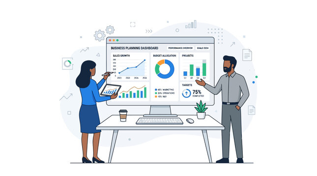 Business professionals analyzing data on large computer screen in office