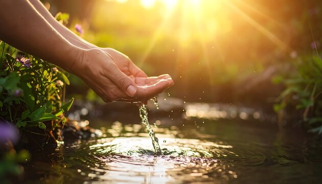 Hands cupping pure water over a stream, backlit by golden sunlight, amidst green plants