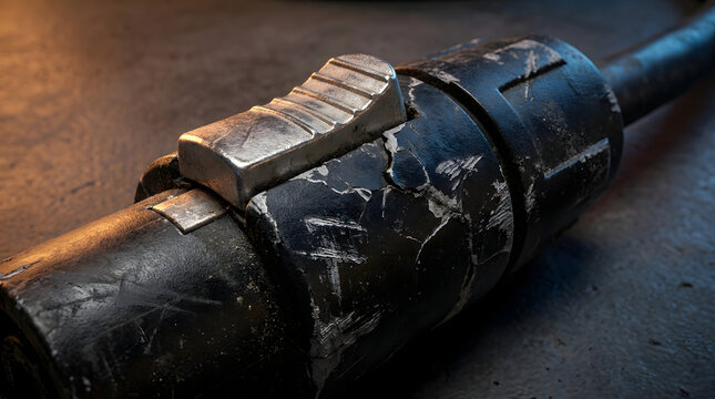 Worn industrial pipe clamp on metal pipe
