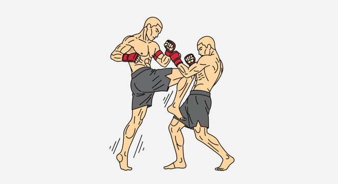 Two Muay Thai fighters engaged in a dynamic kickboxing match.