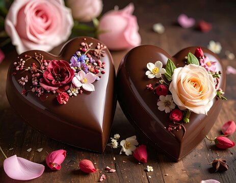 Chocolate hearts with flowers and sprinkles.