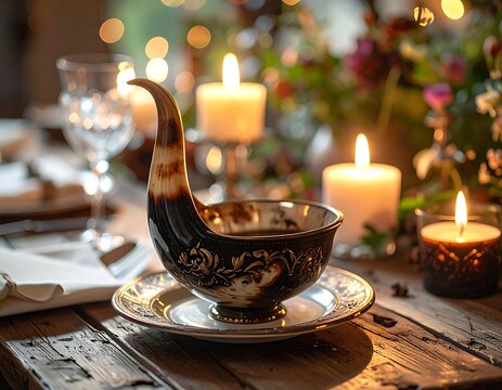 Elegant table setting with horn shaped dish.