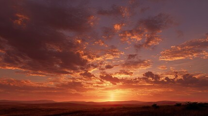Obraz premium Vast landscape bathed in warm sunset glow, with clouds