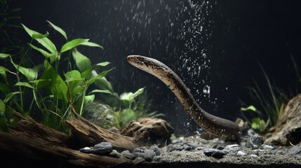 Fototapeta premium Eel Swimming Gracefully in Freshwater Aquarium with Plants