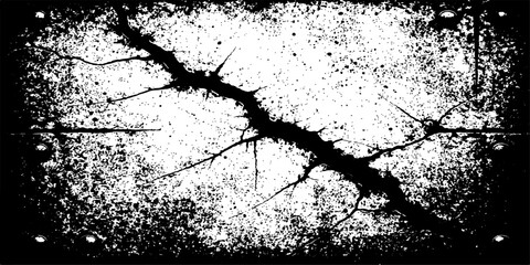 Obraz premium A vintage black and white grunge background featuring a dirty ink splat border, paint splatter texture, and a silhouette tree element in an artistic vector design