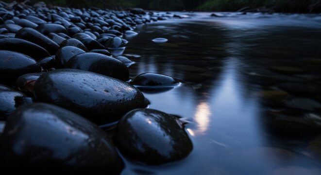Smooth Dark River Stones With Water Reflections