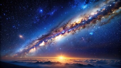 Obraz premium Aerial view of the milky way galaxy showcasing a deep blue cosmic background with vibrant nebulae and distant stars in space