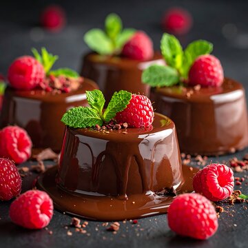 Chocolate Pudding Desserts with Raspberries Mint.