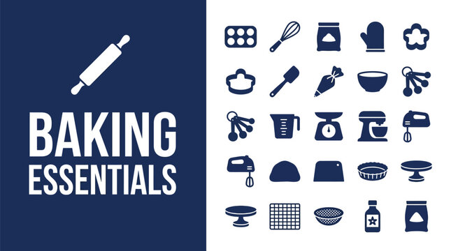 Collection of minimalist dark blue flat vector icons representing essential kitchen tools for professional home baking