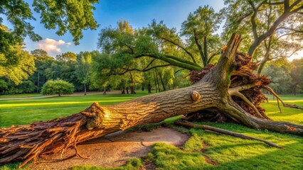 Obraz premium A damaged tree lying across the ground in a park setting