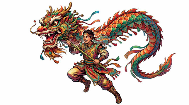 A fearless martial artist battles a dragon in a dynamic fantasy scene with a staff and vibrant colors