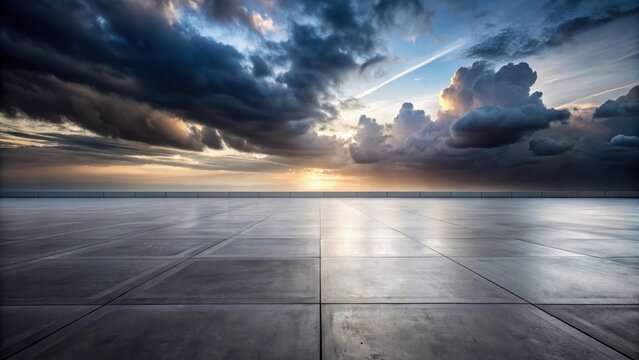 Dark concrete floor background infinite horizon sky panoramic scene
