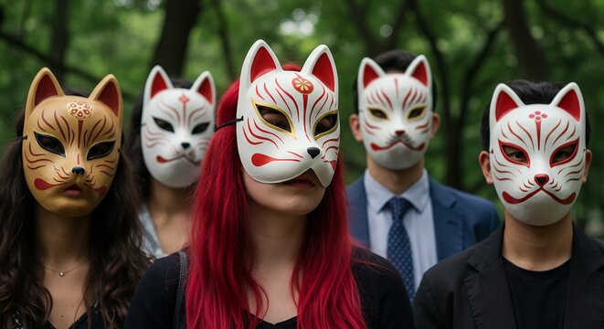 狐のお面を被って集まるミステリアスな人々のグループ