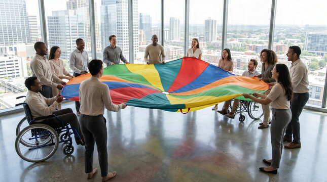 Inclusive corporate diversity training workshop with diverse group holding colorful parachute in modern glass-walled room with city view