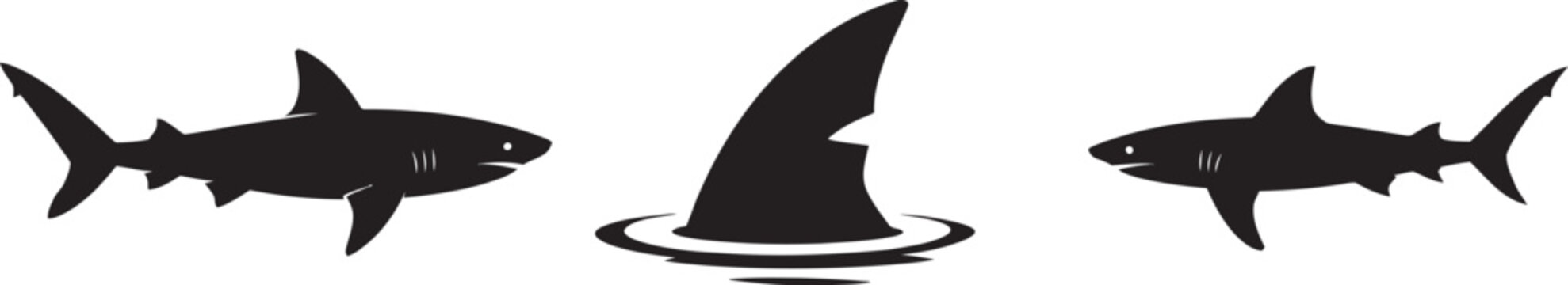Sharks, vector silhouette collection including swimming sharks and surface fin symbols representing marine predators, sea safety awareness, and ocean wildlife in minimalist black style.