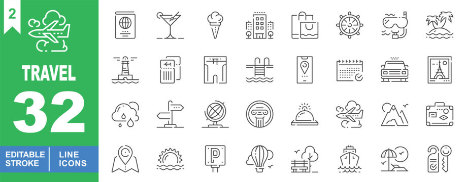 Travel Line Icon Set. Passport, Cocktail, Icecream, Hotel, Bag, Helm, Snorkel, Island, Lighthouse, Ticket, Shorts, Pool, Smartphone, Calendar, Taxi, Photo, Rain, Signpost, Globe, Bell.
