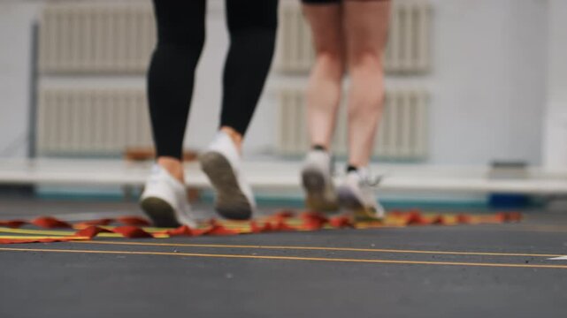 Closeup court feet performing badminton footwork drill, athlete duo executing lateral quickstep sequences on agility ladder, sneakers skimming gym floor, lowangle shot emphasizing speed, balance