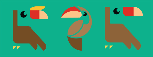 Creative geometric hornbill and toucan bird illustration set featuring minimalist tropical bird characters in flat modern design. Decorative vector-inspired artwork with bold shapes and vibrant beak c © sofian