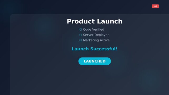 Product launch dashboard sequence with checklist and notification. Minimalist flat interface motion graphics. Corporate software presentation and digital technology marketing media