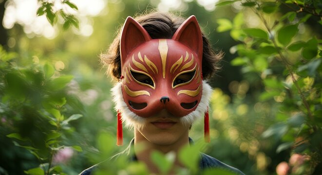 新緑の木漏れ日の中で狐のお面を被った人物