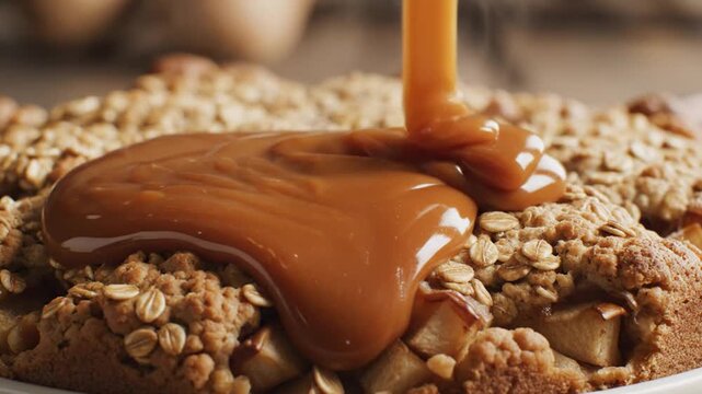 Caramel sauce flows thick and glossy over a freshly baked apple oat crumble dessert on a rustic wooden table.