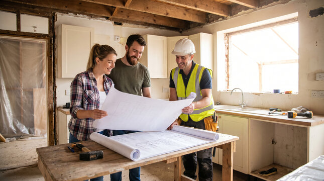 Homeowners and contractor reviewing blueprints in unfinished kitchen renovation, symbolizing teamwork, planning, and collaboration for successful remodeling and construction projects
