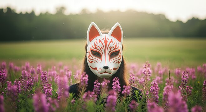 美しい花畑の真ん中で狐のお面を被り佇む人物
