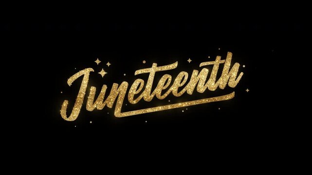 Celebrate Juneteenth with a stunning gold glitter text animation on transparent background with festive stars and sparkles. Perfect for holiday designs.