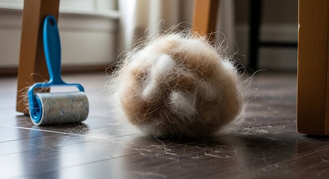 Large ball of pet hair on a wooden floor next to a lint roller