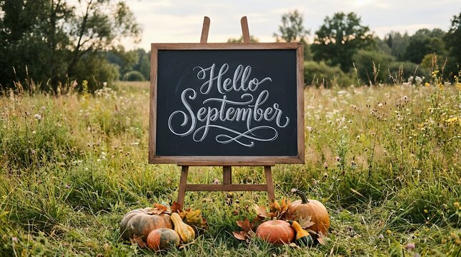 a chalkboard sign that says hello september.