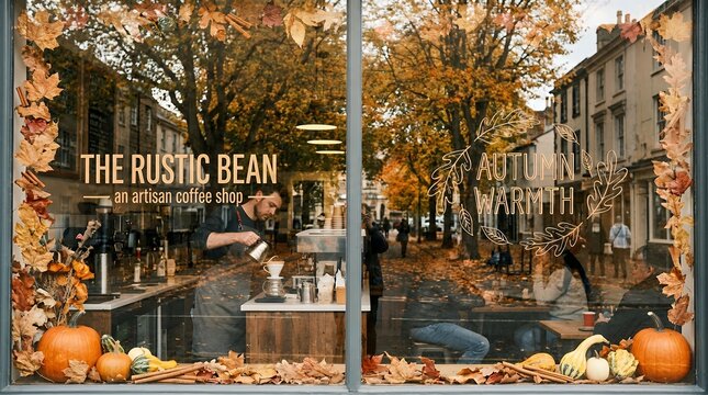 Autumn decorations on coffee shop window.