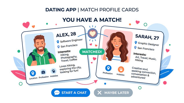 People match on dating app profile cards with technology icons