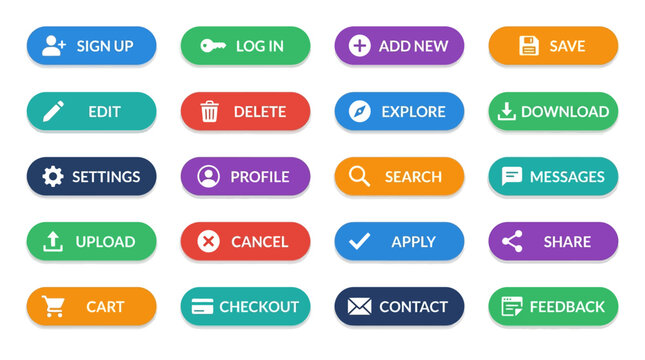 A screenshot of colorful web buttons for user interface elements in a software application.