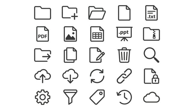 A collection of various computer file and icon symbols are shown.