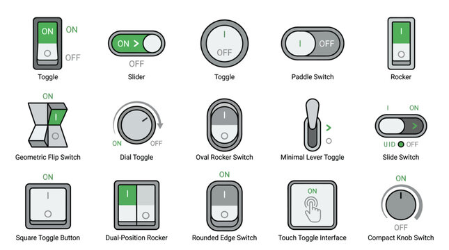 Illustration of various electronic switches and toggles on a white background