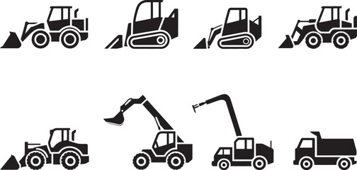 Black, loader and excavator icon set featuring construction heavy machinery in clean vector style ideal for engineering, infrastructure, and industrial equipment design projects. © Dalim
