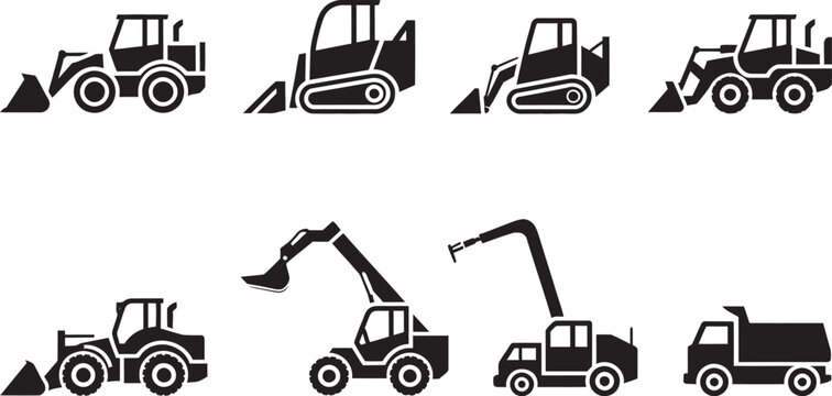 Black, loader and excavator icon set featuring construction heavy machinery in clean vector style ideal for engineering, infrastructure, and industrial equipment design projects.