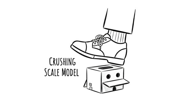 Illustration of shoe crushing small cardboard scale model.