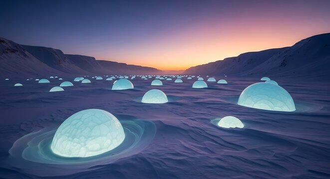Glowing ice ridges form on a frozen ocean at sunset with icebergs and snowy mountains in the background landscape.