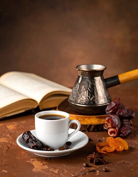 Coffee cup with dates and book.