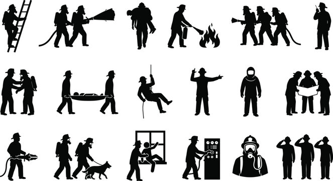 Firefighter Emergency Response Silhouette Collection Featuring Rescue Operations Fire Safety Equipment and First Responder Vector Icons