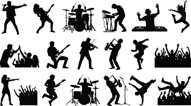 Live Music Performance and Concert Silhouette Collection Featuring Singers DJs Dancers Musicians and Festival Crowd