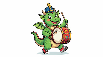 Fototapeta premium Cheerful green cartoon dragon drummer plays a bright drum in a playful fantasy scene for kids and family audiences