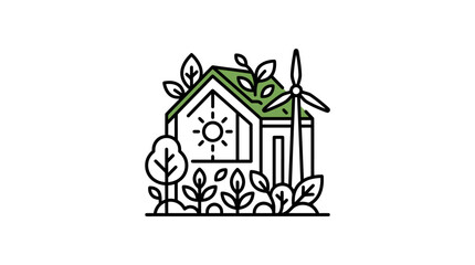 Eco friendly house with wind turbine and green plants. © Ucul